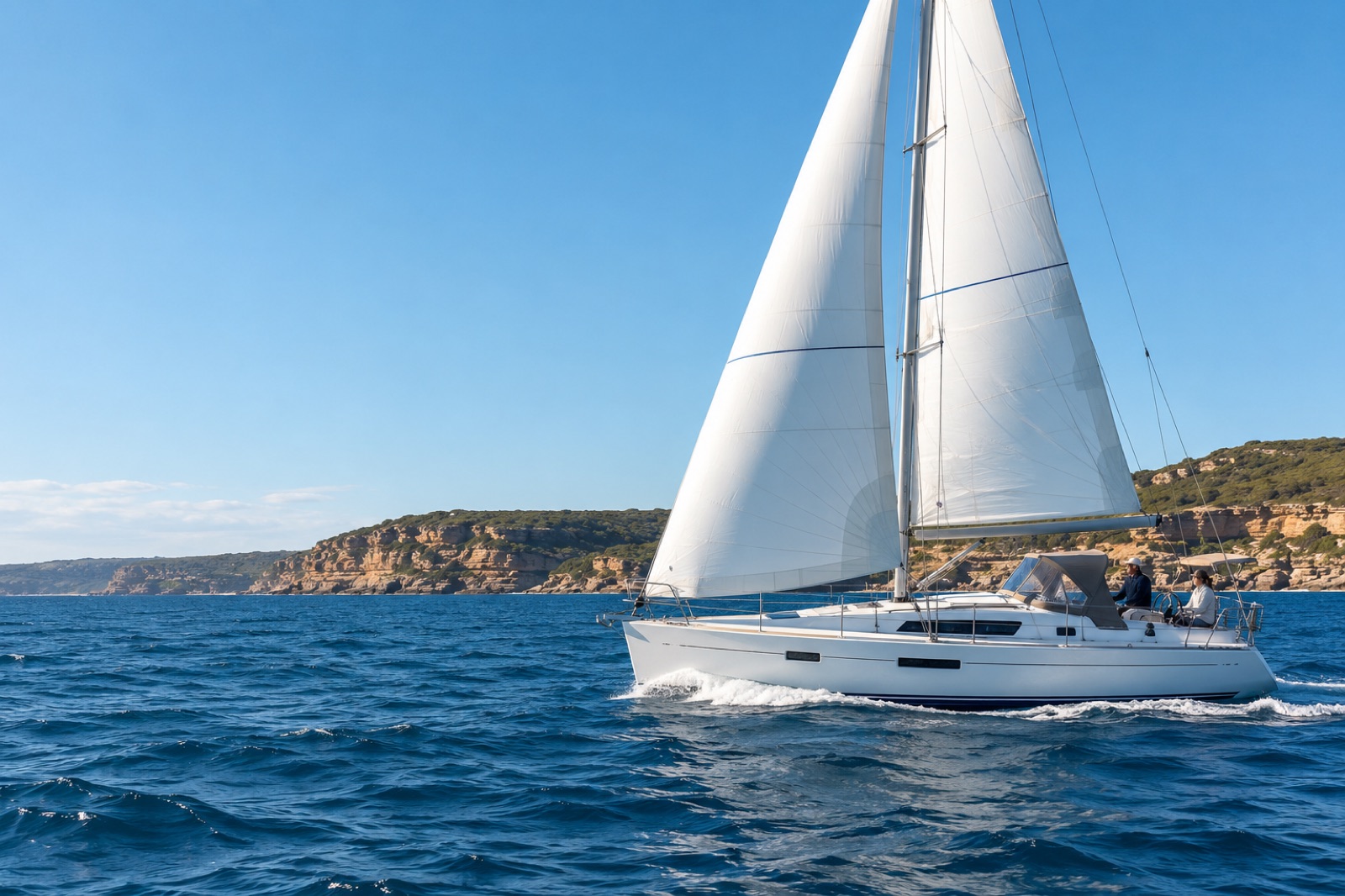 Modern cruising yacht sailing under a mainsail and furling genoa in Australian coastal water
