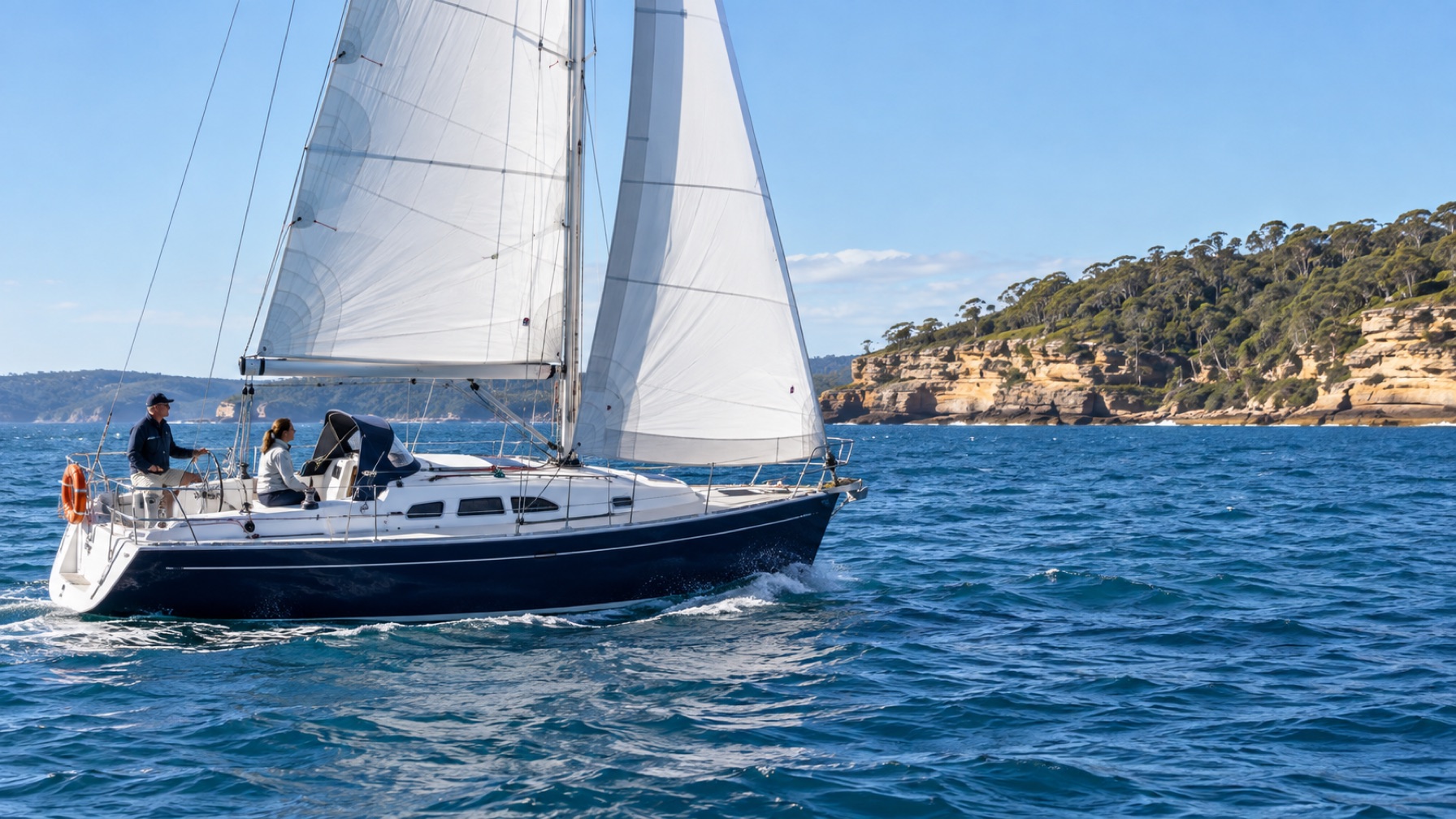 Cruising yacht sailing under mainsail and genoa along an Australian sandstone coast