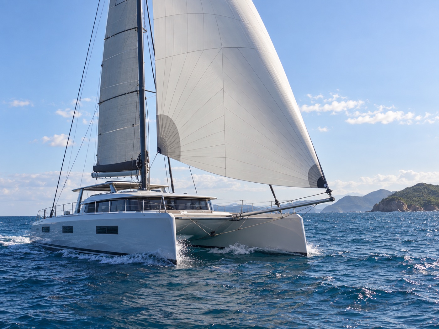 Cruising catamaran reaching under a furling Code Zero