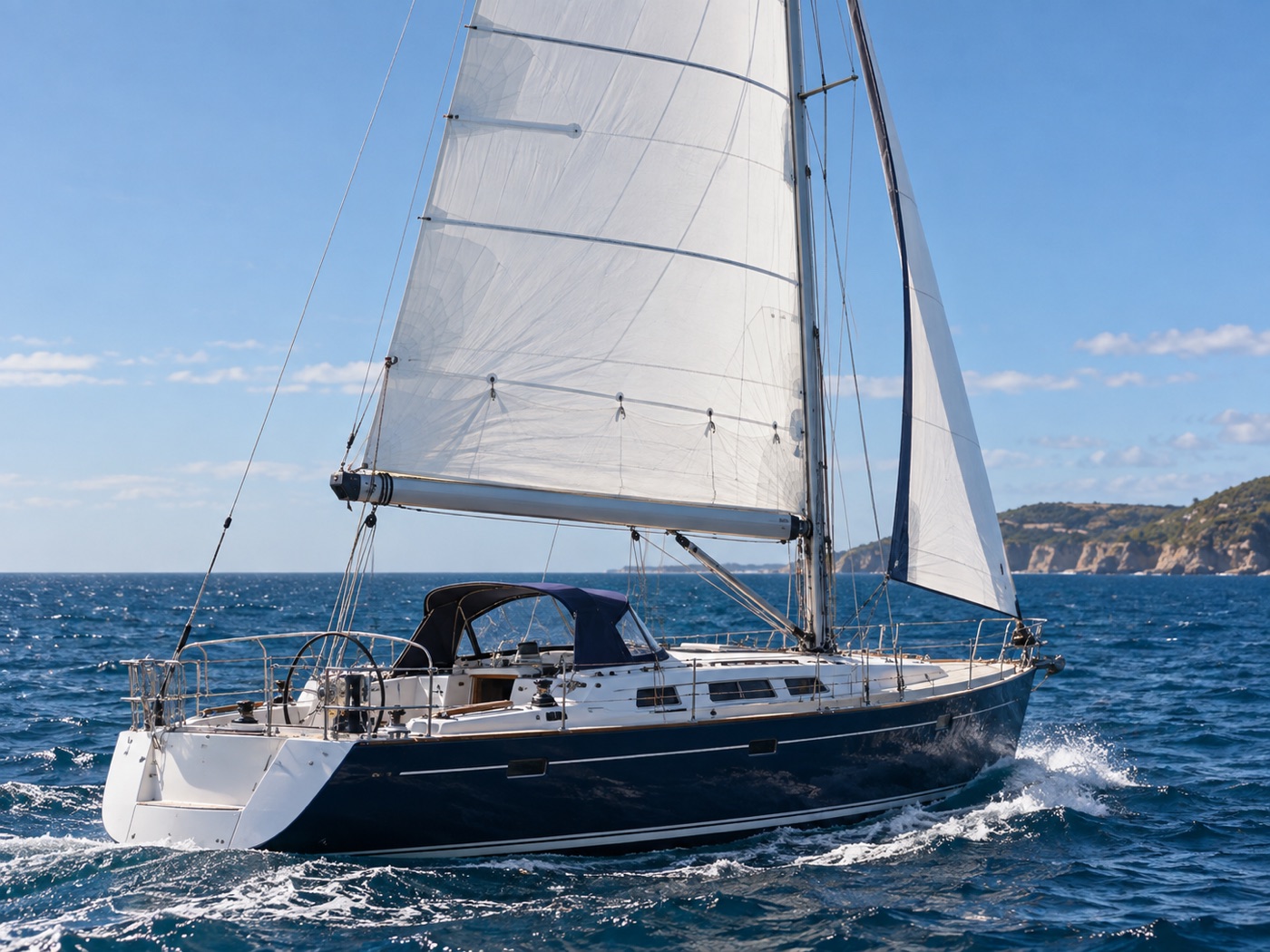 Cruising yacht sailing under a reefed white mainsail