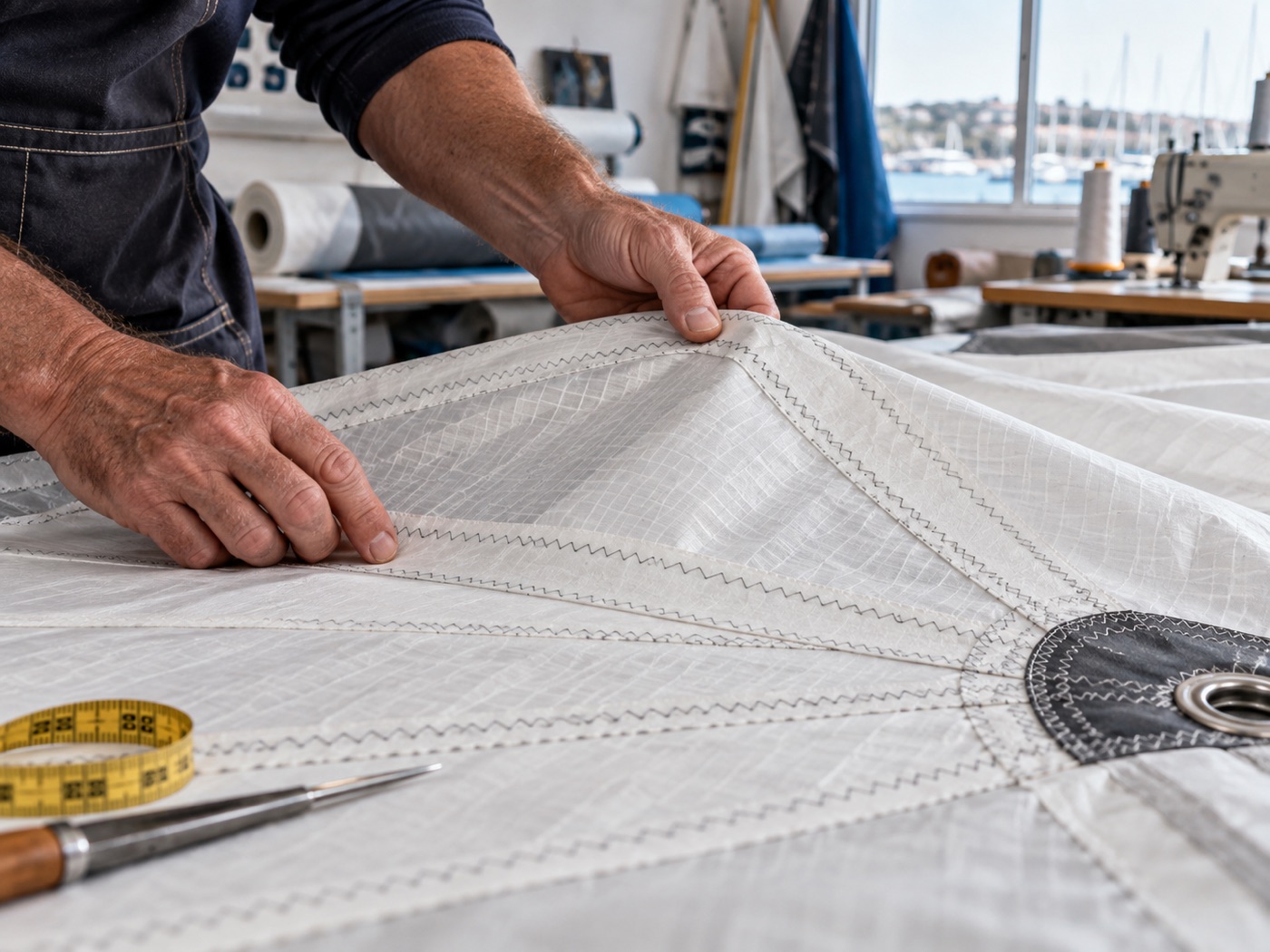 Detailed sailcloth seams and reinforcement being inspected by a sailmaker