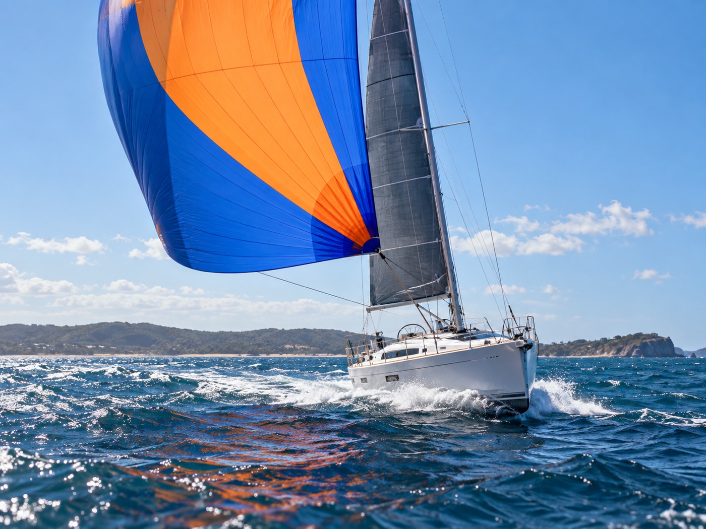 Yacht sailing downwind with a blue and orange asymmetric spinnaker